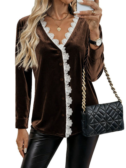 Elegant Brown Velvet Top with Lace Trim - Nowi Korean Fashion