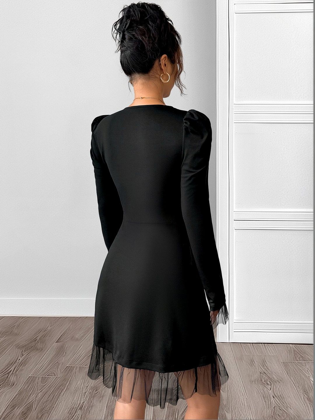 Women's Black Puff Sleeve Ruffled A-Line Dress