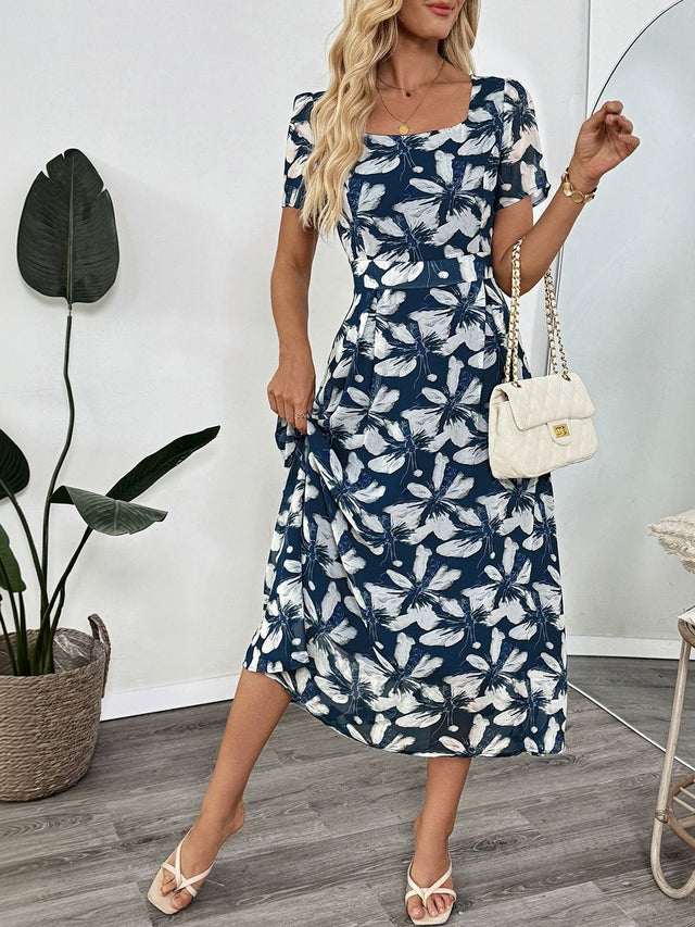 Floral Print Fit & Flare Midi Dress - Nowi Korean Fashion