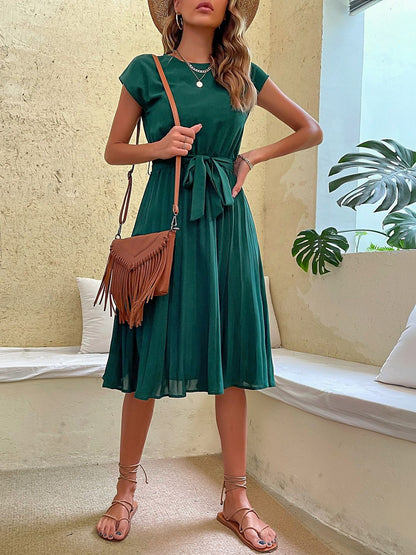 A-Line Midi Dress in Green cotton - Nowi Korean Fashion