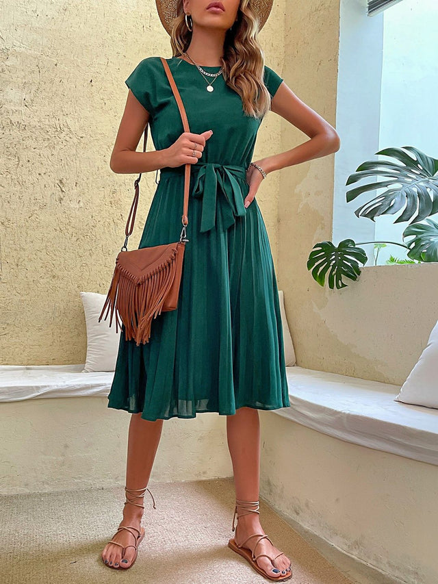 A-Line Midi Dress in Green cotton - Nowi Korean Fashion