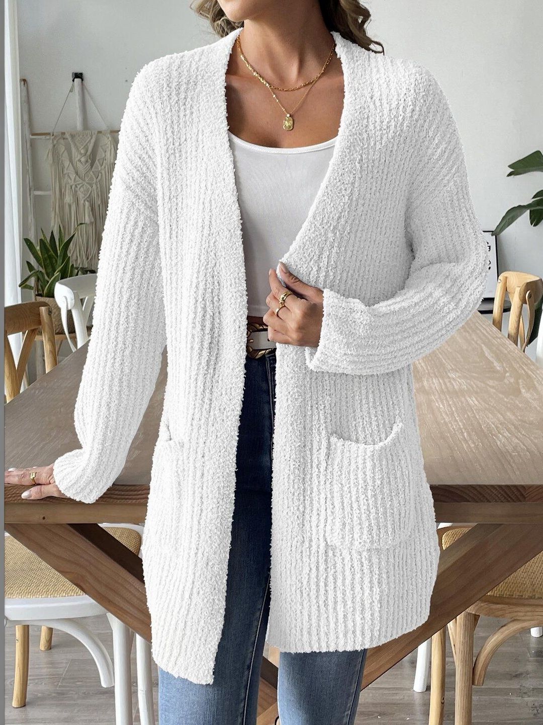 Women Ribbed Cardigan with Fuzzy Detail