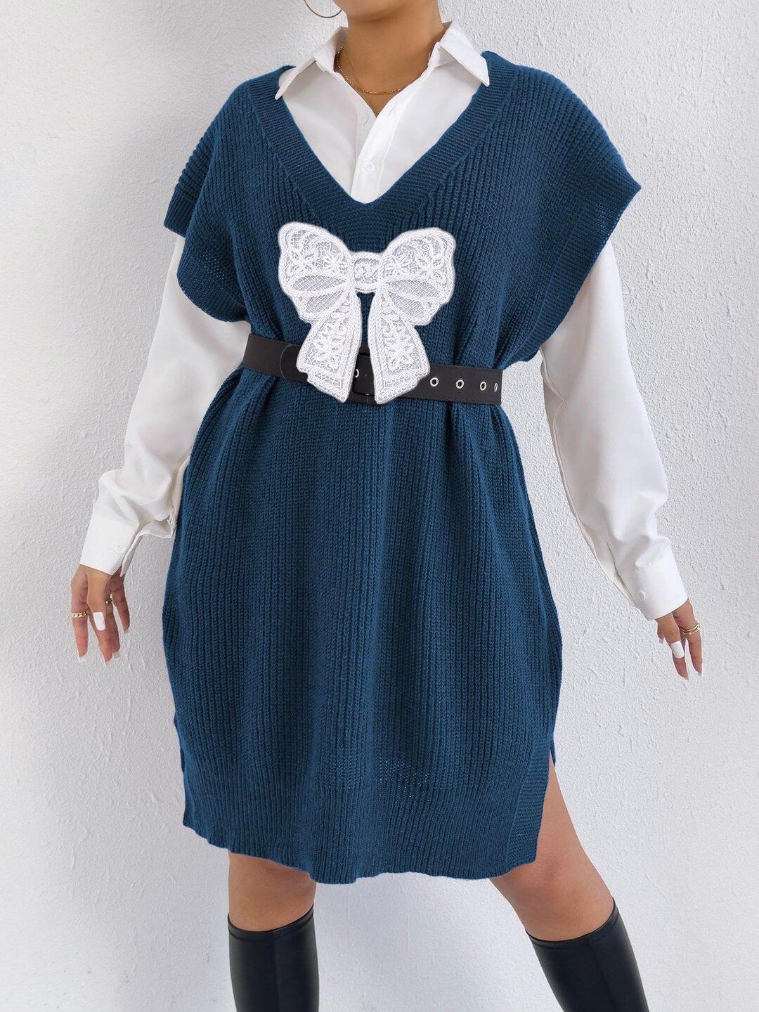 Women Ribbed Longline Sweater Vest with Applique Detail