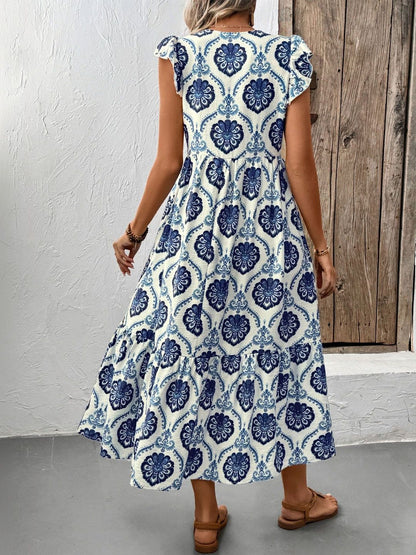 Bohemian Ethnic Motif Midi Dress with Flutter Sleeves