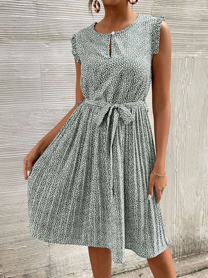Floral Print Flutter Sleeve Fit & Flare Midi Dress in Green cotton - Nowi Korean Fashion