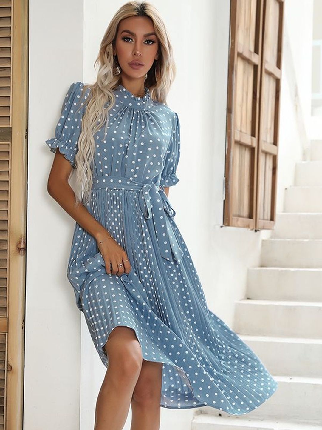 Polka Dot Print Puff Sleeve Fit & Flare Midi Dress