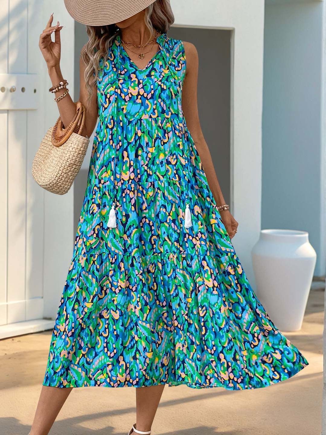 Printed Ruffled A-Line Midi Dress - Nowi Korean Fashion