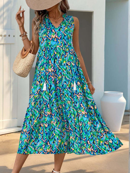 Printed Ruffled A-Line Midi Dress - Nowi Korean Fashion