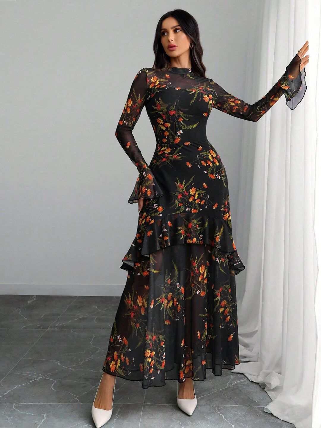 Floral Print Flared Sleeve Ruffled Sheath Maxi Dress