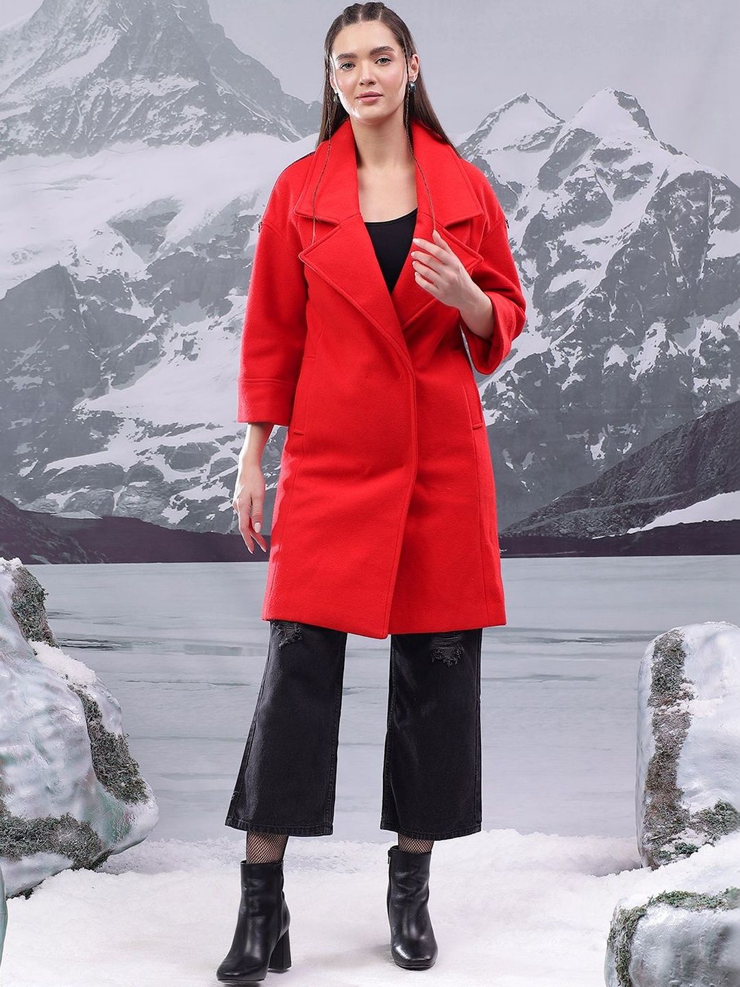 NOWI Solid Notched Lapel Double-Breasted Longline Cotton Casual Blazer