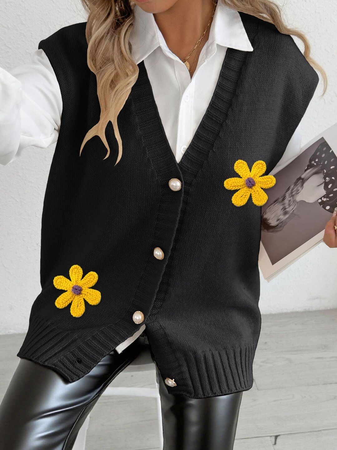 Women Embroidered Sweater Vest with Embroidered Detail
