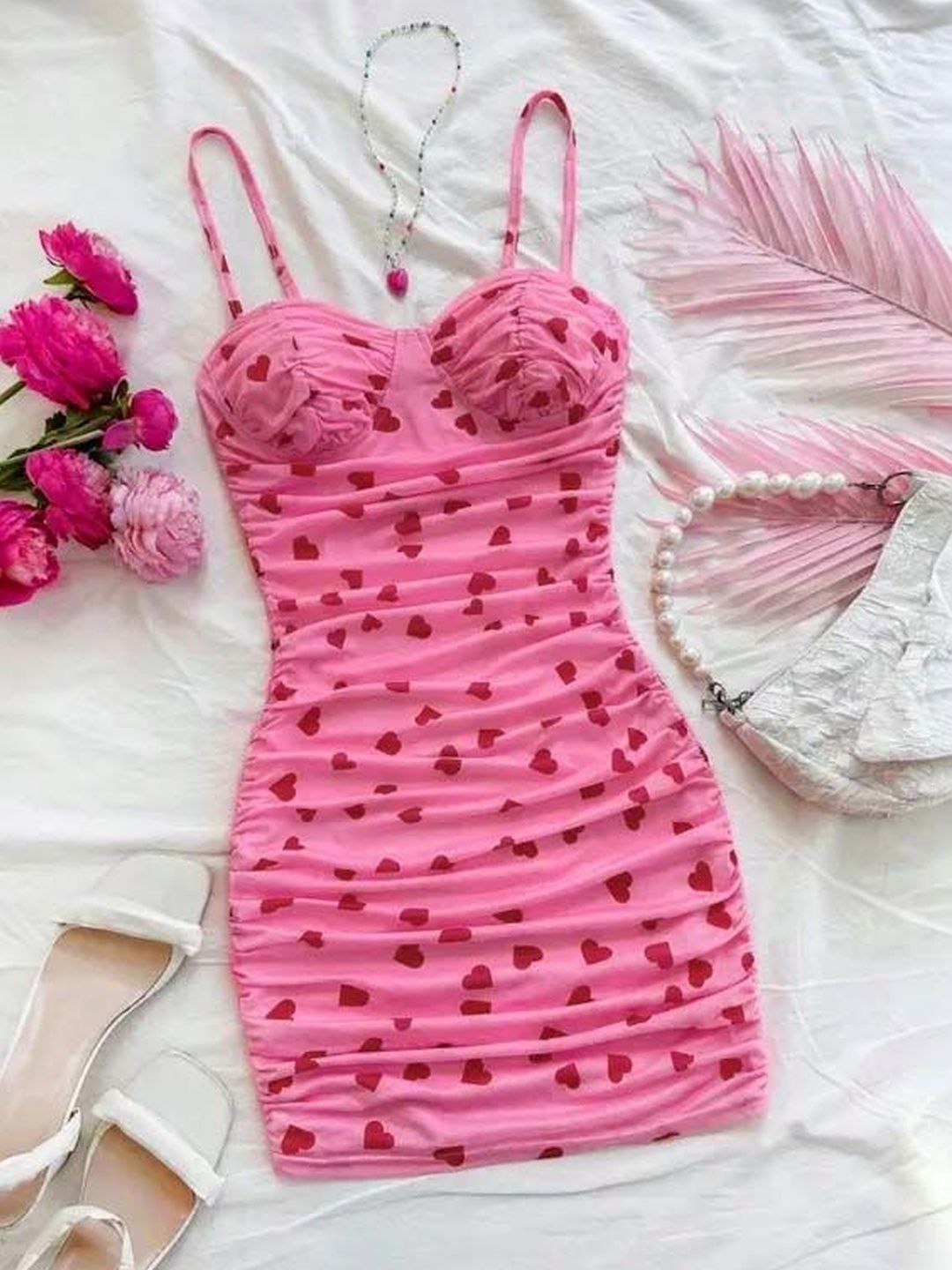 Pink Heart Print Bodycon Mini Dress