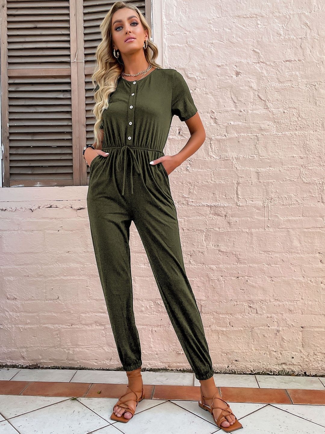 Basic Jumpsuit in Green cotton Style 118 - Nowi Korean Fashion