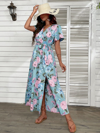 Floral Print Maxi Dress in Blue polyester - Nowi Korean Fashion