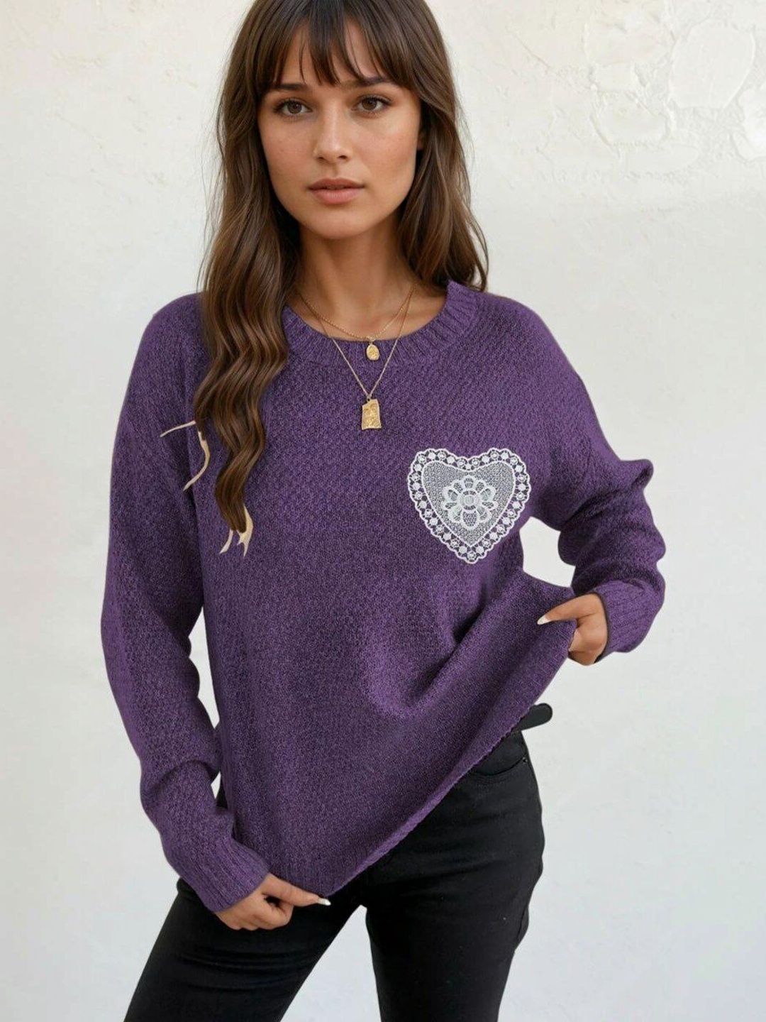 Cable Knit Pullover with Embroidered Detail in Purple acrylic - Nowi Korean Fashion