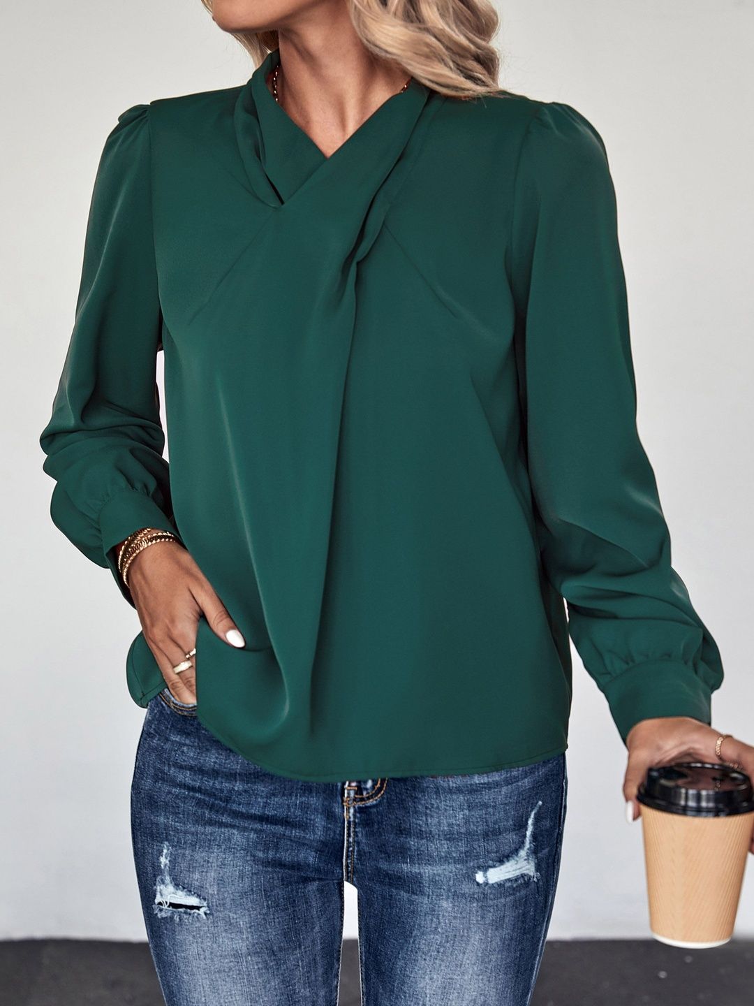 Elegant Green Top with Pleated Detailing - Nowi Korean Fashion