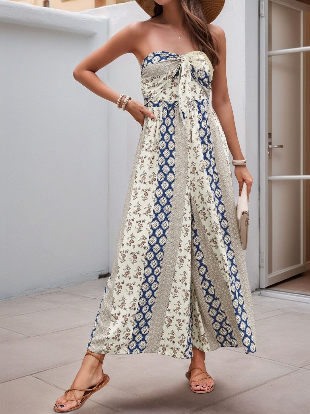 Strapless Printed Culotte Jumpsuit Sleeveless - Nowi Korean Fashion