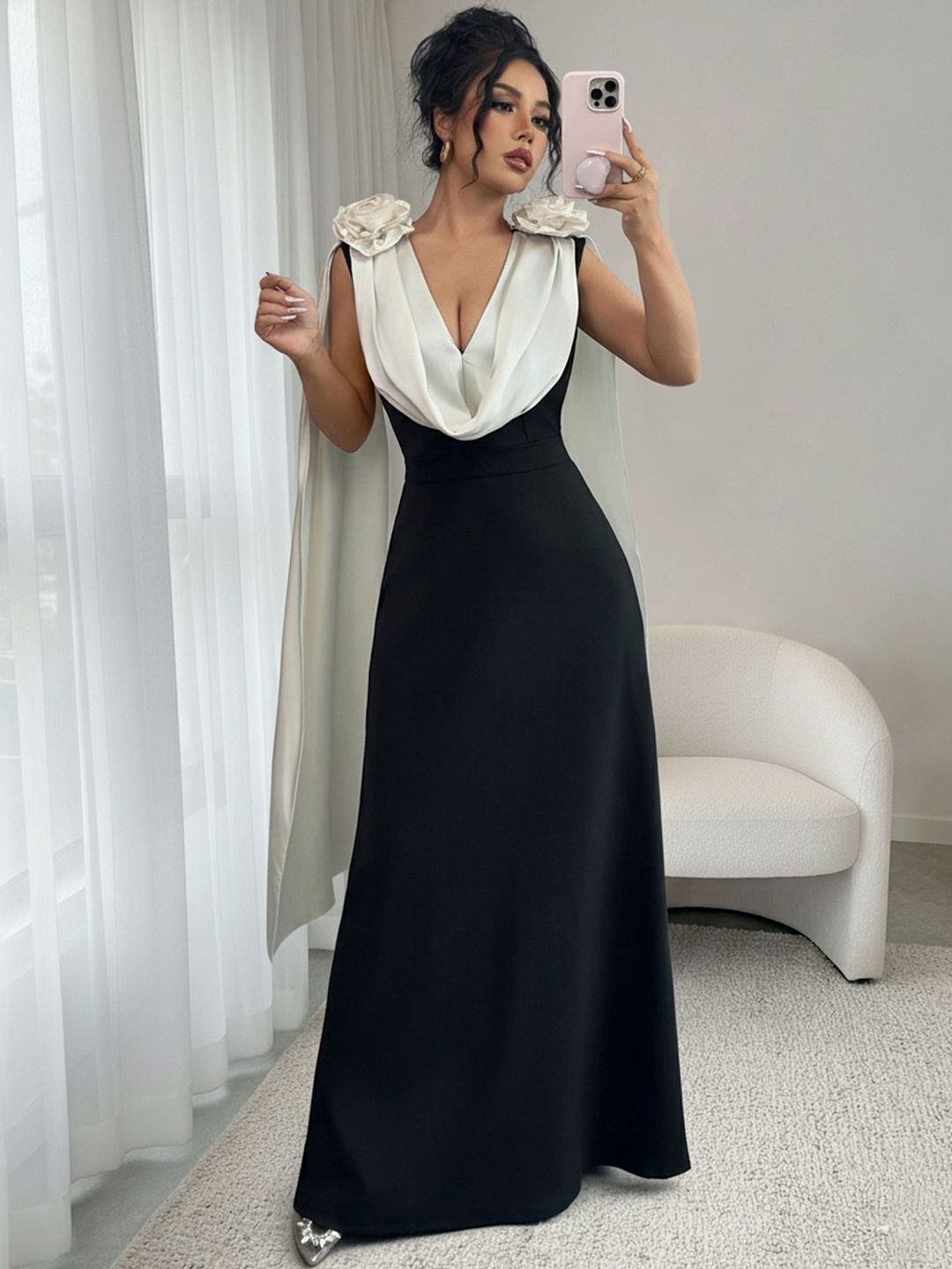 Colourblocked Ruffled A-Line Maxi Dress