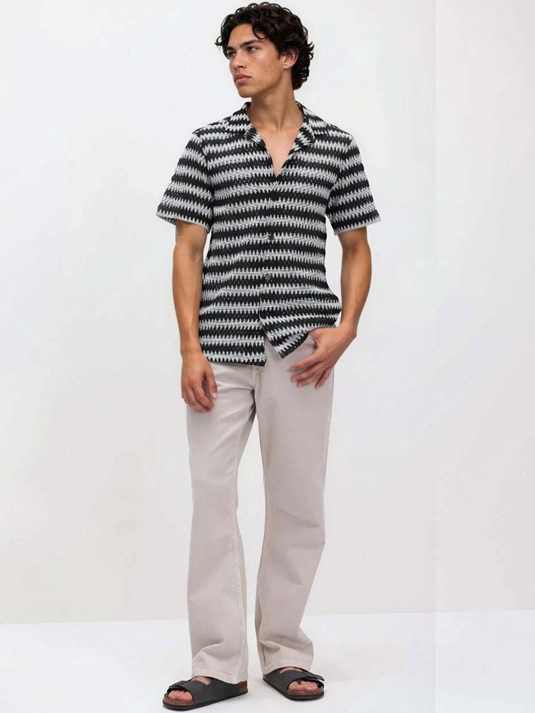 Textured Cotton Casual Shirt in Black - Nowi Korean Fashion