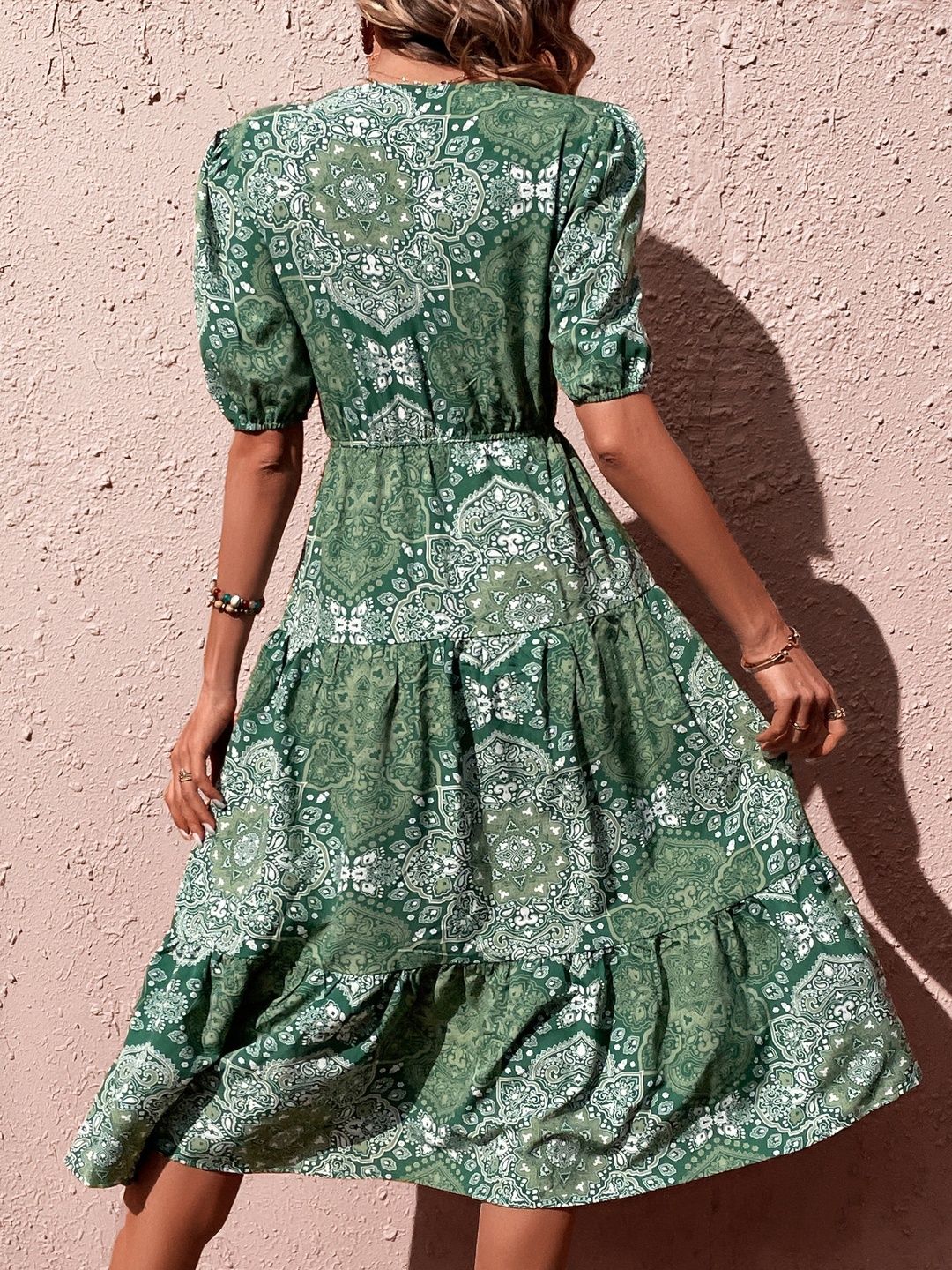 Print Puff Sleeve Fit & Flare Midi Dress