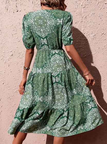 Print Puff Sleeve Fit & Flare Midi Dress