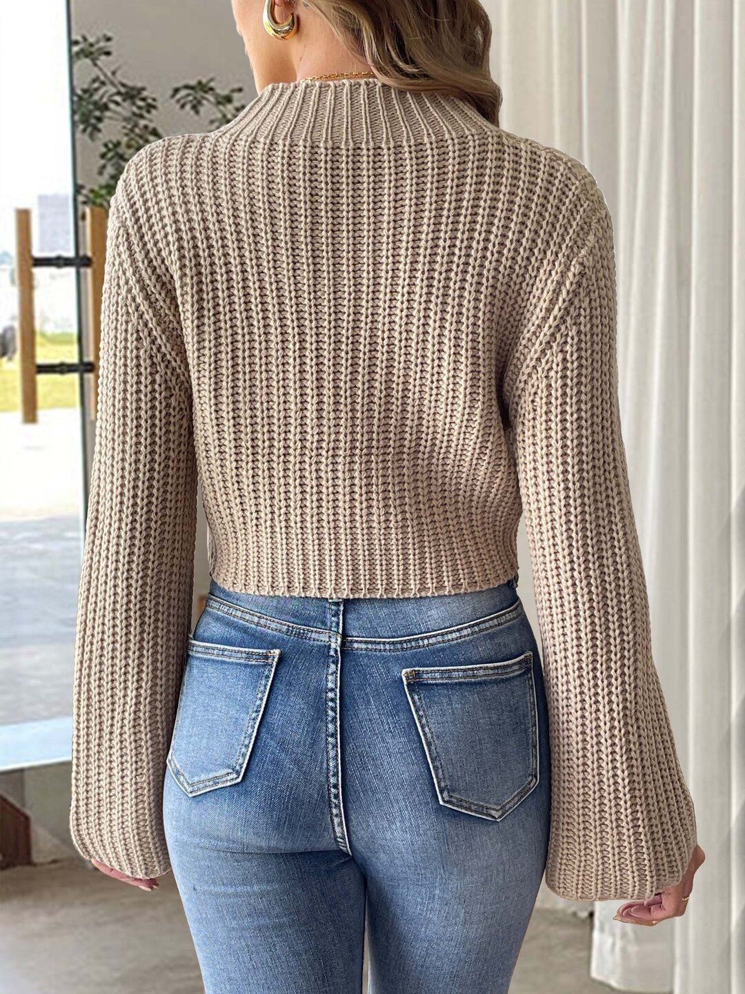Women Ribbed Crop Pullover with Embellished Detail