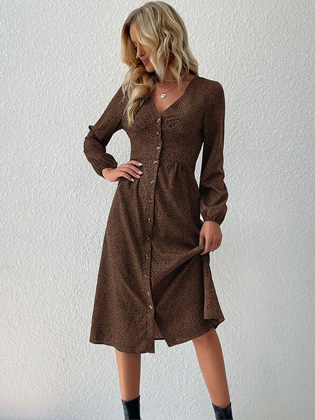 Women's Brown Animal Print A-Line Midi Dress Blend