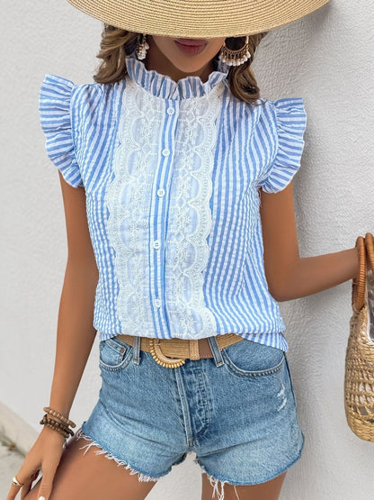 Striped Flutter Sleeve Ruffles Cotton Top in Blue - Nowi Korean Fashion