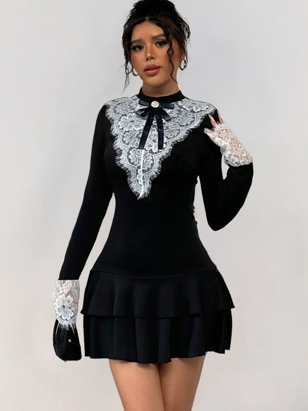 Ruffled Fit & Flare Mini Dress in Black - Nowi Korean Fashion