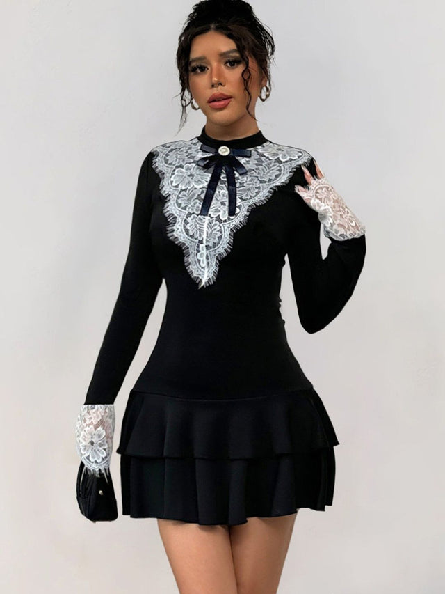 Ruffled Fit & Flare Mini Dress in Black - Nowi Korean Fashion