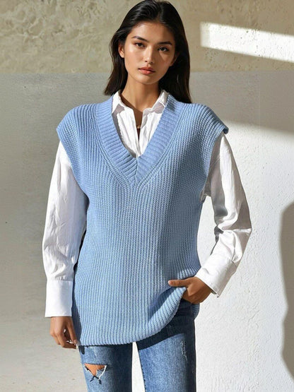 Ribbed Sweater Vest in Blue cotton - Nowi Korean Fashion