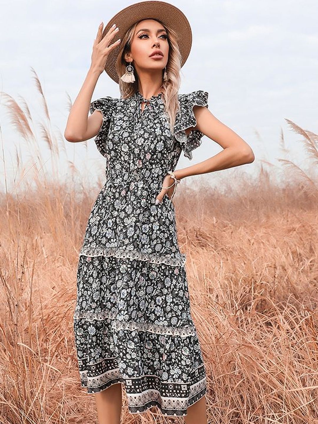 Floral Print Flutter Sleeve Fit & Flare Midi Dress