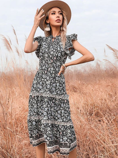 Floral Print Flutter Sleeve Fit & Flare Midi Dress