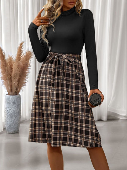 Checked Fit & Flare Midi Dress in Black - Nowi Korean Fashion