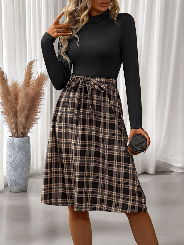 Checked Fit & Flare Midi Dress in Black - Nowi Korean Fashion