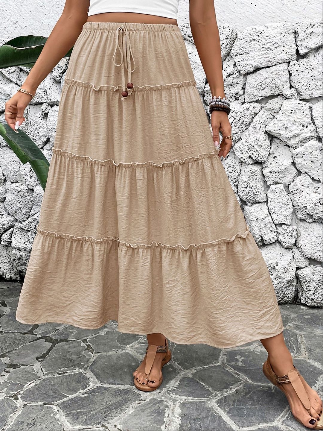 Tiered Flared Cotton Skirts in Beige Style 632 - Nowi Korean Fashion