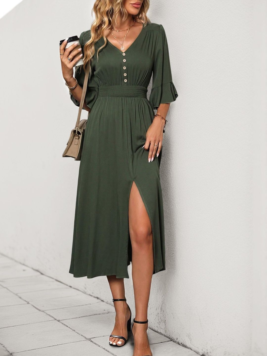 Flared Sleeve A-Line Midi Dress - Nowi Korean Fashion