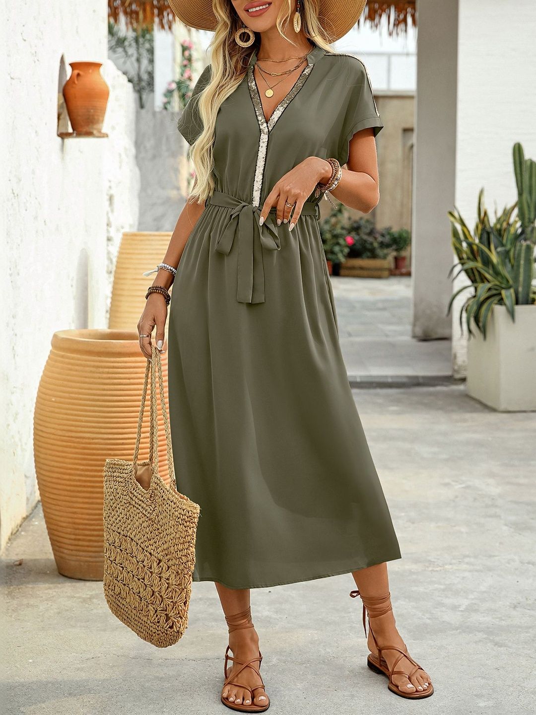 Solid Midi Dress with Short Sleeves