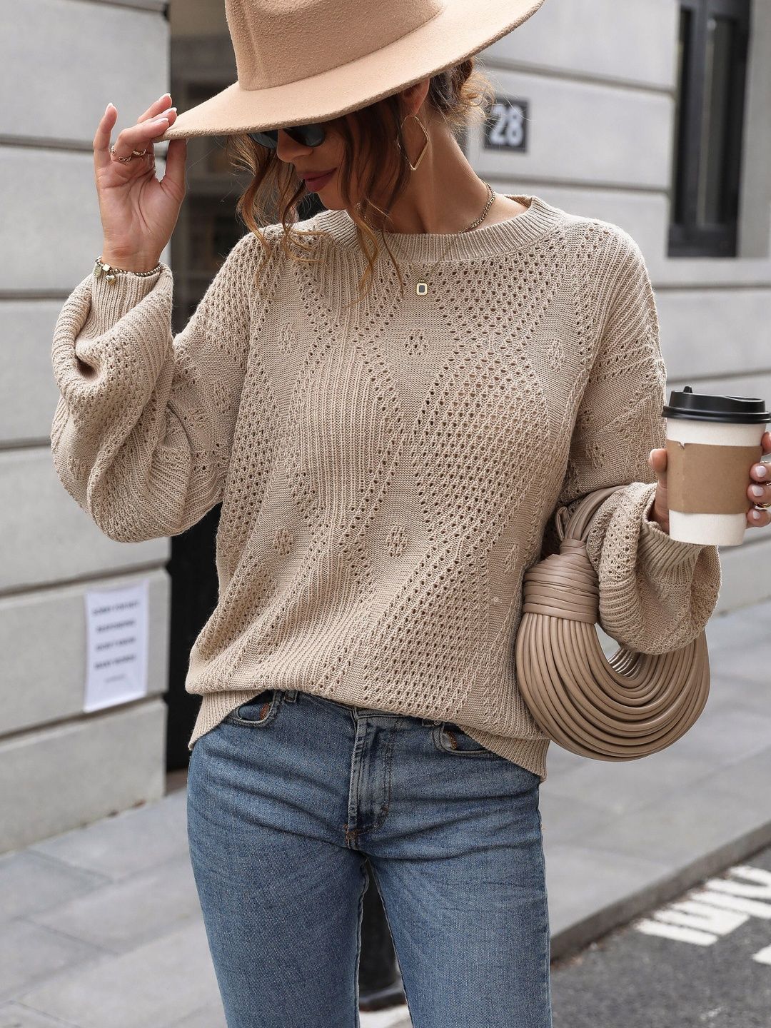 Women's Beige Pullover Blend Printed Regular Fit