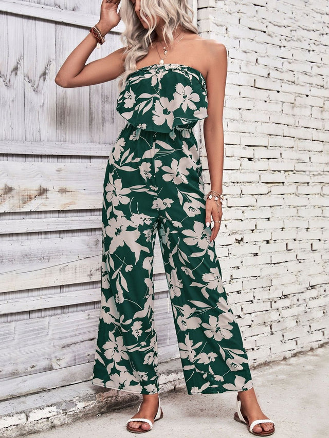 Printed Basic Jumpsuit with Layered in Green polyester - Nowi Korean Fashion