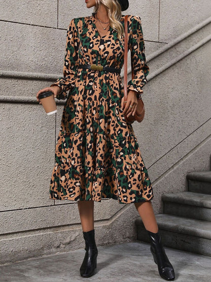NOWI Animal Print A-Line Midi Dress - Nowi Korean Fashion