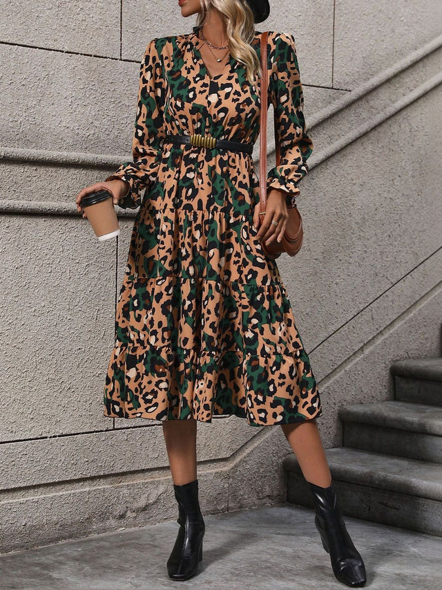 NOWI Animal Print A-Line Midi Dress - Nowi Korean Fashion