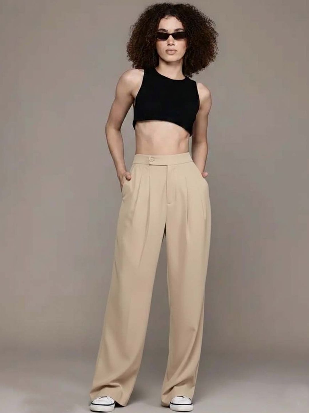 High-Rise Wrinkle Free Pleated Trousers in Beige polyester - Nowi Korean Fashion