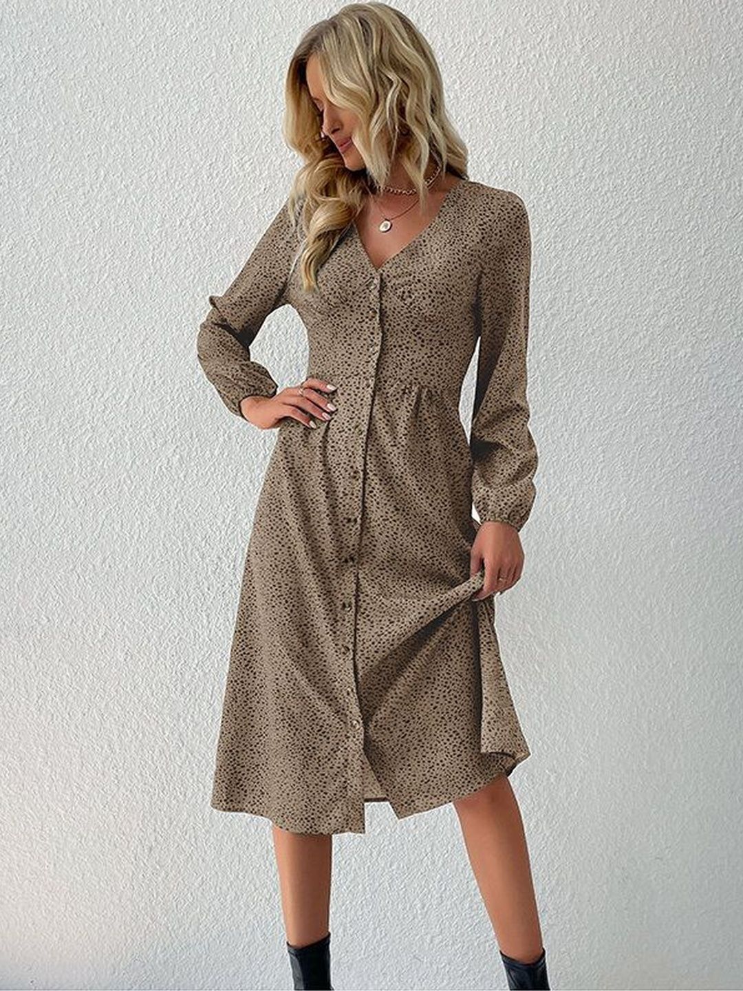 Women's Brown Print A-Line Midi Dress