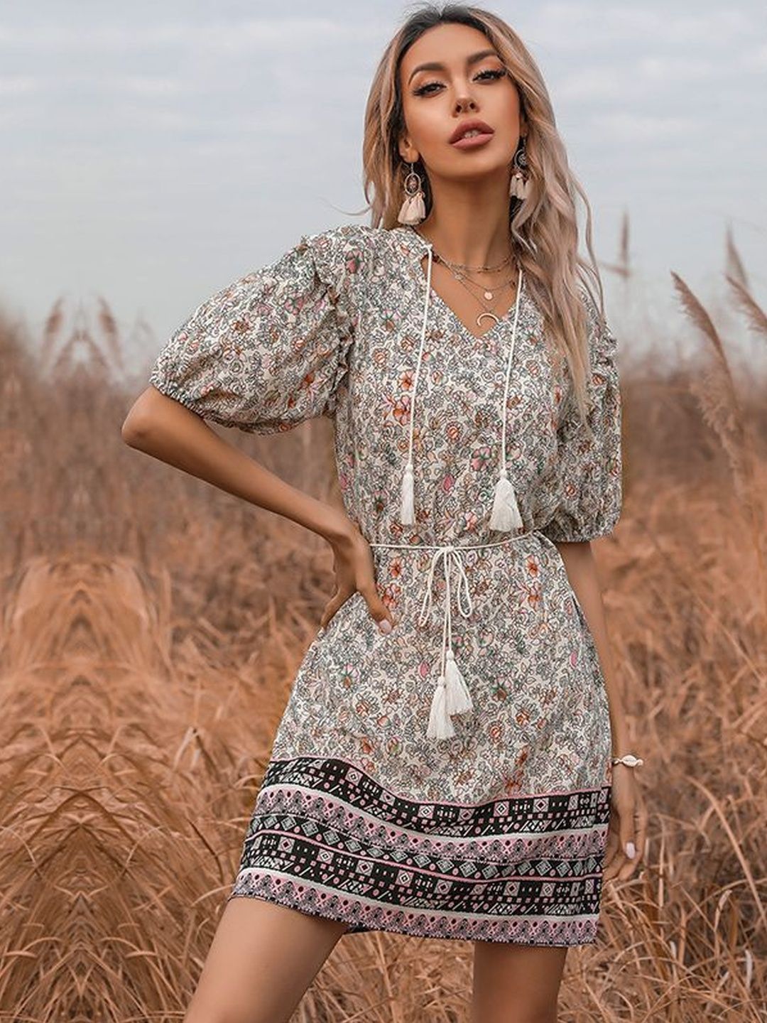 Floral Print Puff Sleeve A-Line Mini Dress