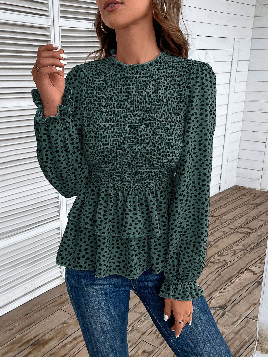 Women's Green Stylish Smocked Peplum Top