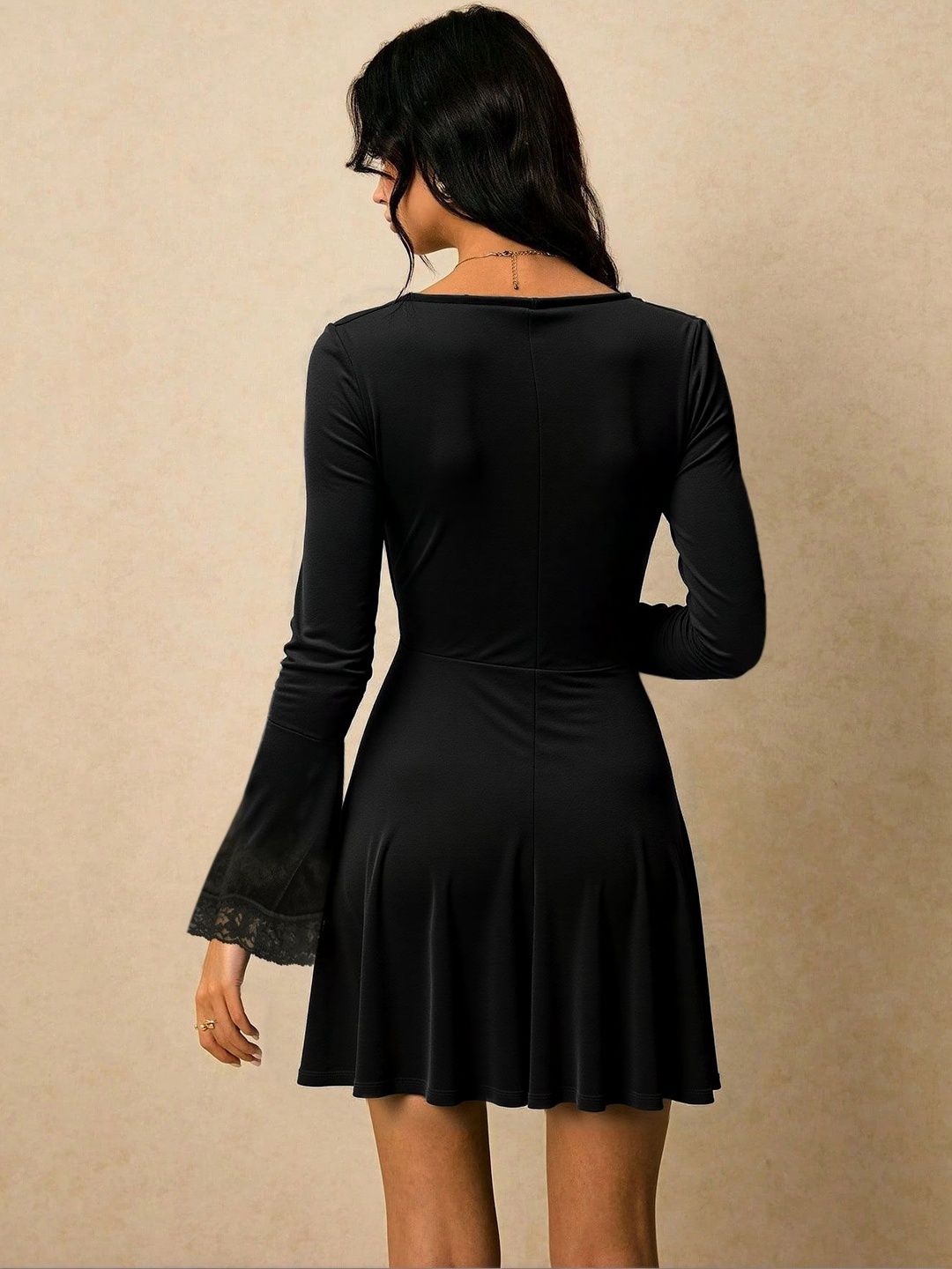 Women's Black Flared Sleeve Ruffled Fit & Flare Dress