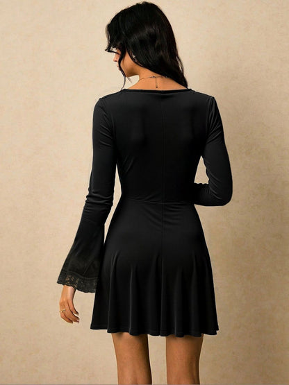 Women's Black Flared Sleeve Ruffled Fit & Flare Dress