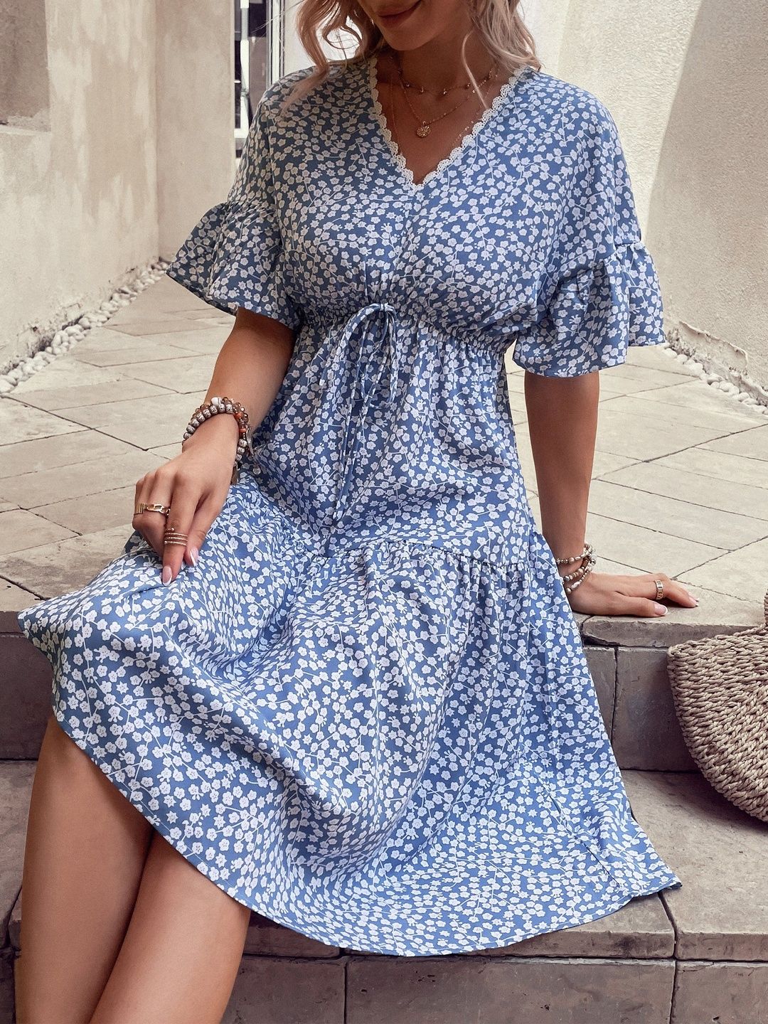 Floral Print Flutter Sleeve Fit & Flare Midi Dress
