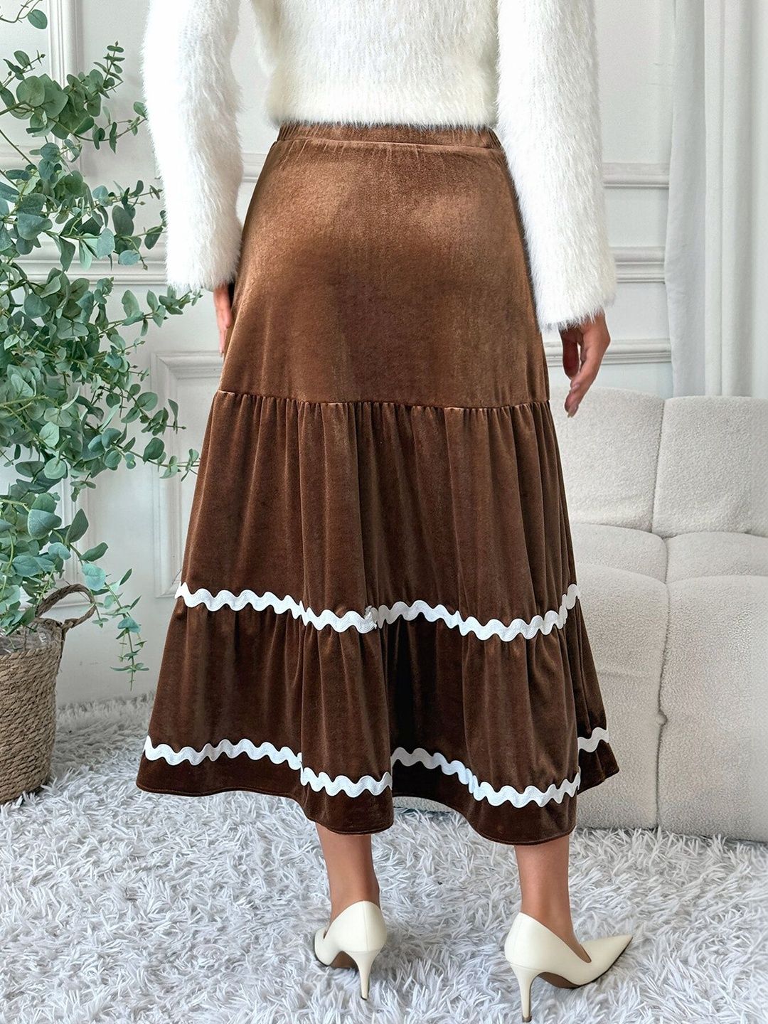 Women Solid Brown Midi Skirt